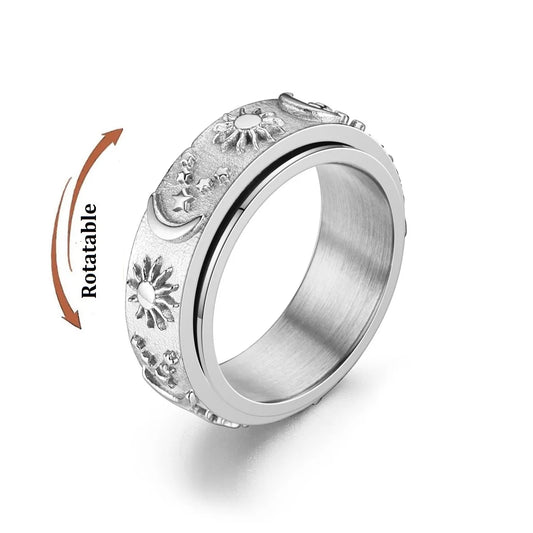 Lune Sérénité 🌙 – Moon, Sun & Star Spinner Ring | Silver