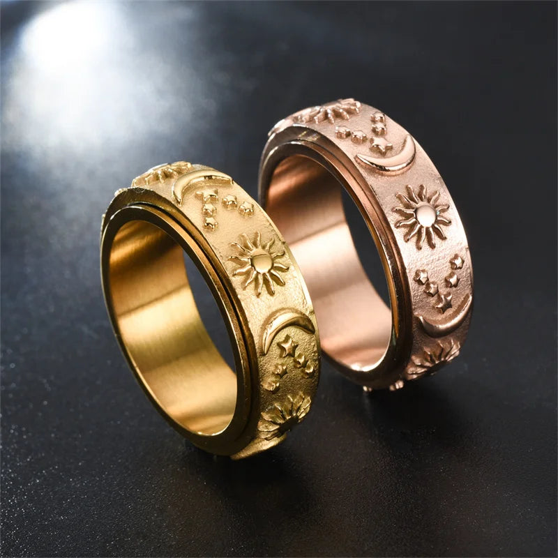 Lune Sérénité 🌙 – Moon, Sun & Star Spinner Ring | Rose Gold