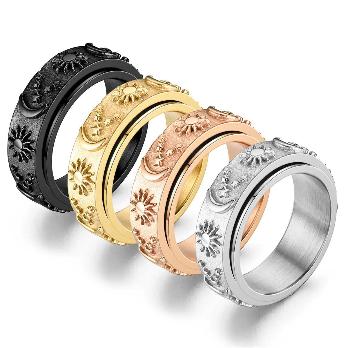 Lune Sérénité 🌙 – Moon, Sun & Star Spinner Ring | Black