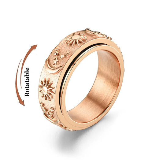 Lune Sérénité 🌙 – Moon, Sun & Star Spinner Ring | Rose Gold