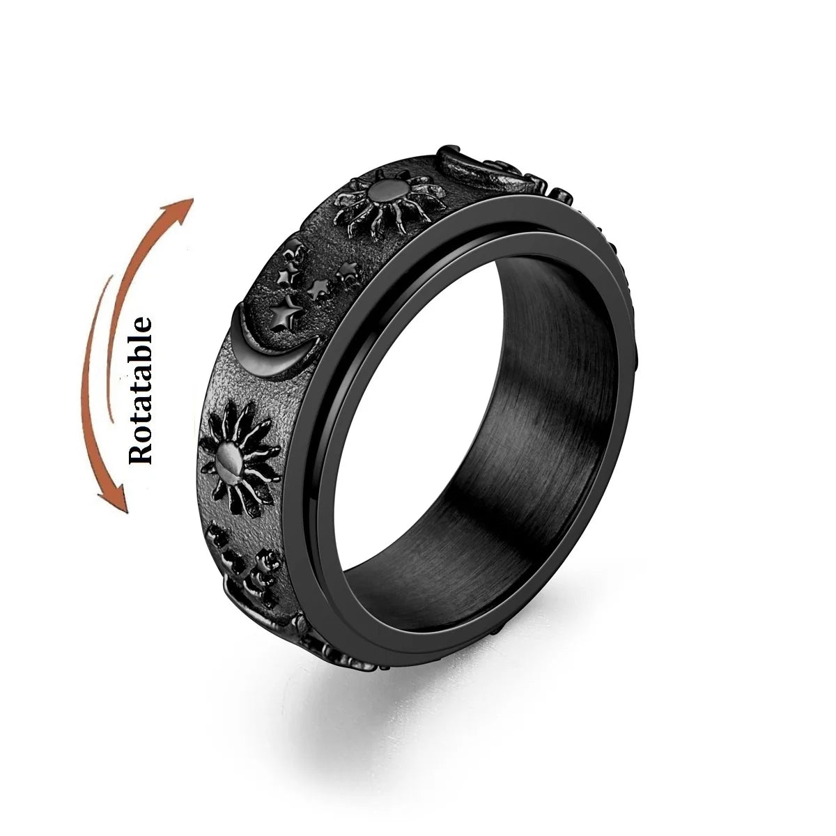 Lune Sérénité 🌙 – Moon, Sun & Star Spinner Ring | Black