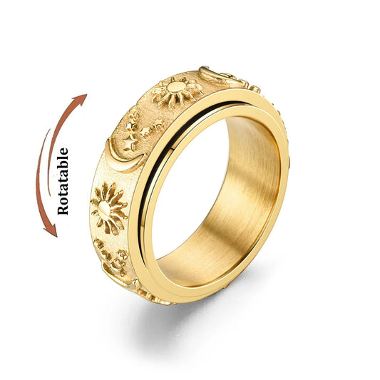 Lune Sérénité 🌙 – Moon, Sun & Star Spinner Ring | Gold