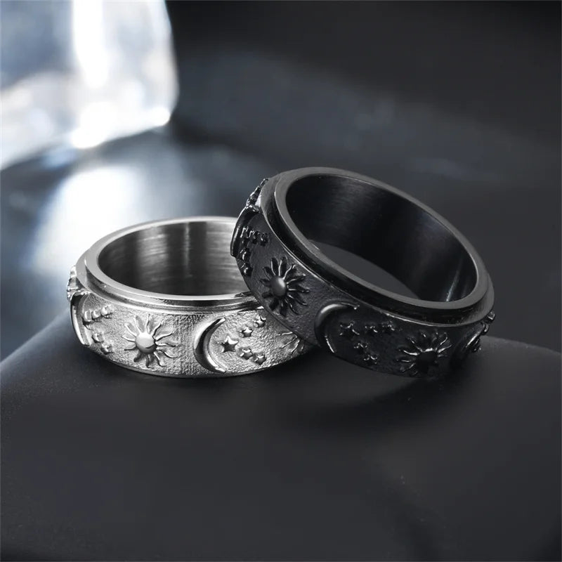 Lune Sérénité 🌙 – Moon, Sun & Star Spinner Ring | Silver