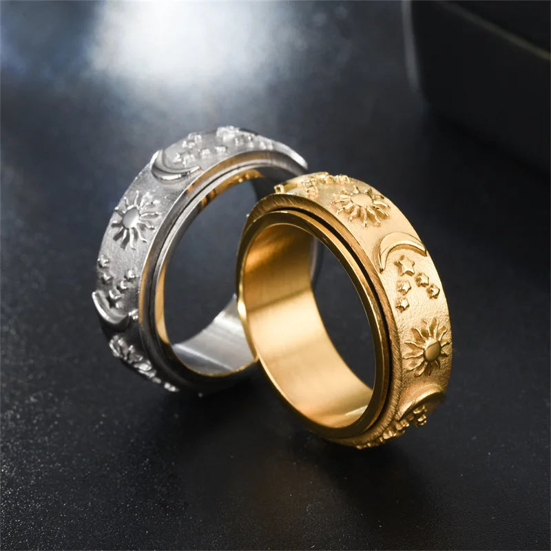 Lune Sérénité 🌙 – Moon, Sun & Star Spinner Ring | Gold