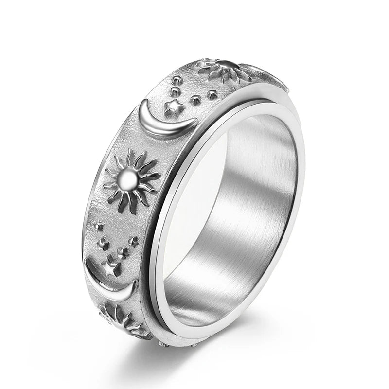 Lune Sérénité 🌙 – Moon, Sun & Star Spinner Ring | Silver