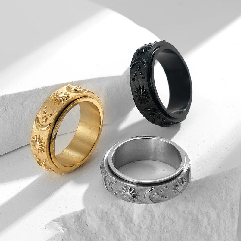 Lune Sérénité 🌙 – Moon, Sun & Star Spinner Ring | Black