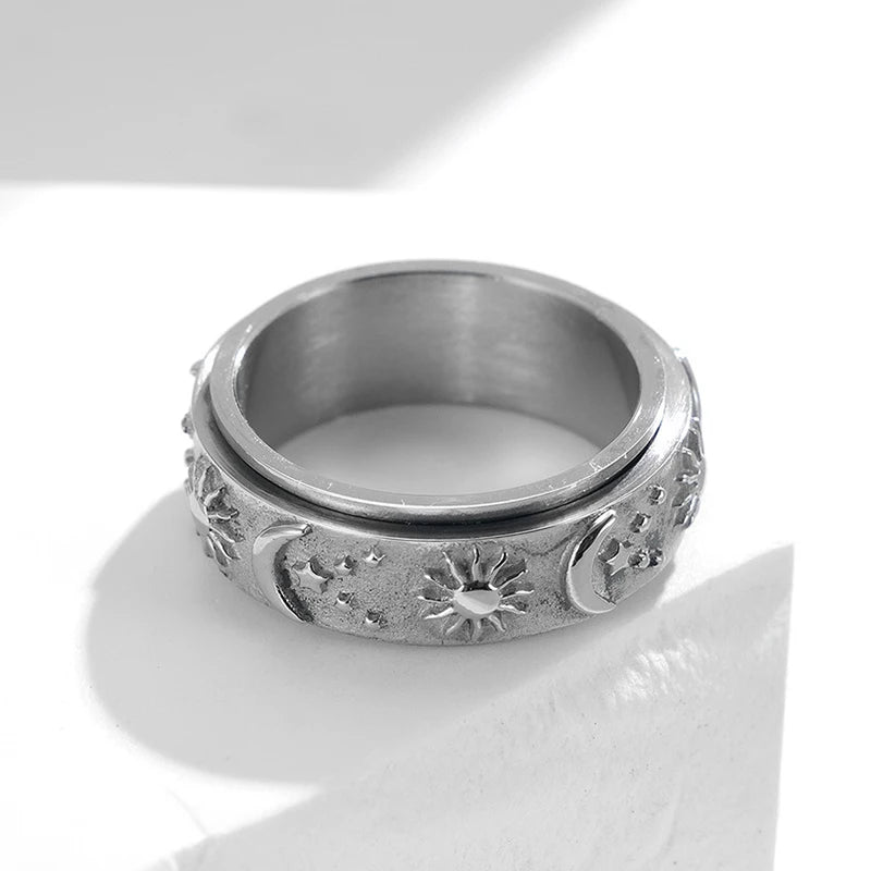 Lune Sérénité 🌙 – Moon, Sun & Star Spinner Ring | Silver