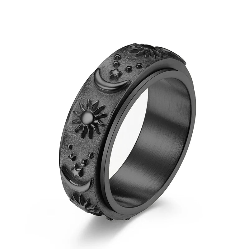 Lune Sérénité 🌙 – Moon, Sun & Star Spinner Ring | Black