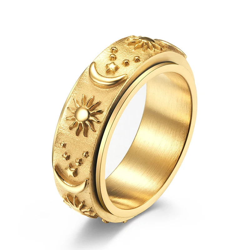 Lune Sérénité 🌙 – Moon, Sun & Star Spinner Ring | Gold